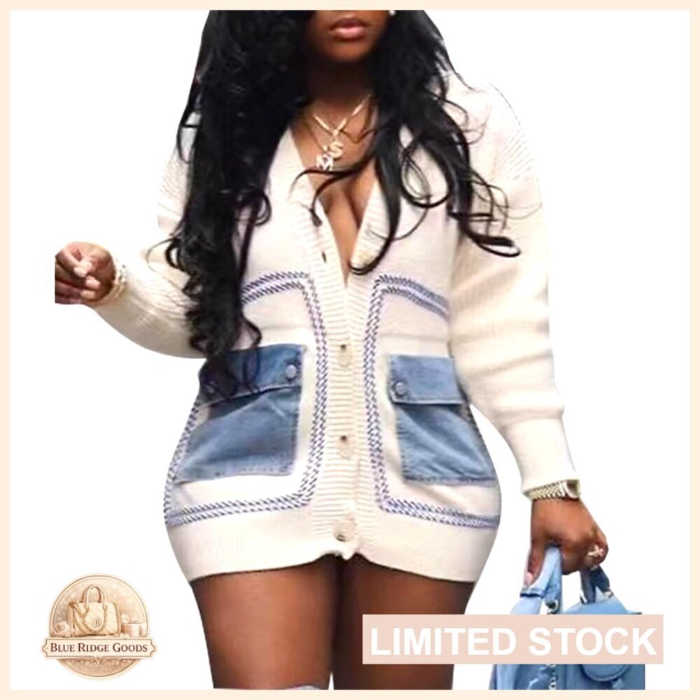 Open Front Knit Sweater Cardigan with Denim Pockets Patchwork